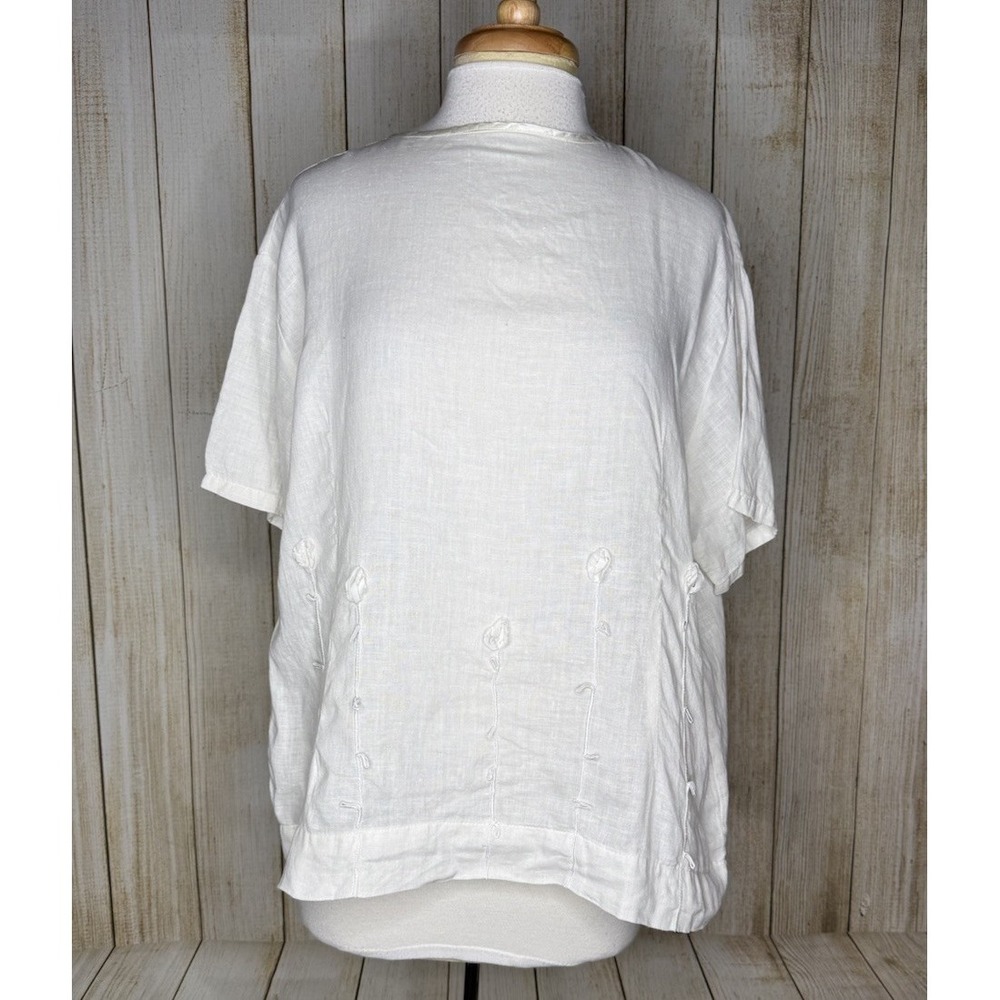 Krista Larson White Linen Floral Blouse Top One Size Appliqué